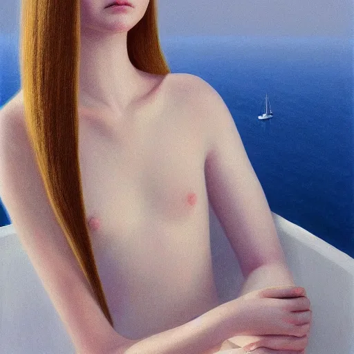 Prompt: Elle Fanning in Santorini, head and shoulders portrait, extremely detailed masterpiece, Roger Deakin’s cinematography, illustration, by Michael Sowa,