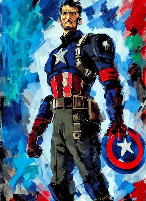 Prompt: marvel mcu captain america strange, wearing futuristic cybernetic battle armor, by ashley wood, yoji shinkawa, jamie hewlett, 6 0's french movie poster, french impressionism, vivid colors, palette knife and brush strokes, dutch angle