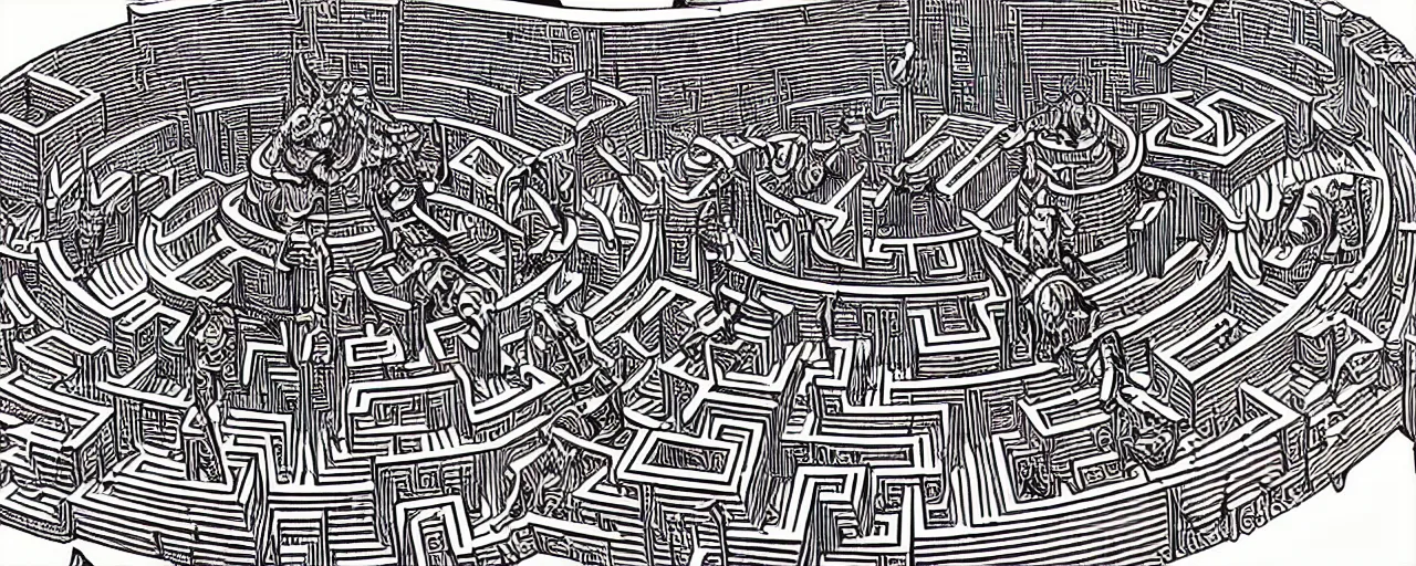 Image similar to isometric view of a highly detailed cnc mill woodcut of a hyperdimensional labyrinth maze with a steampunk minotaur in the center