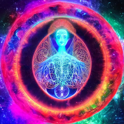 Prompt: hallucionational imaginery spirits, gaia, human form with third eye and peacock tail, tree of life, energy, nebula, dream, xray art, fractal, symmetrical, in the style of pablo amaringo, alex grey, hana alisa omer, psychedelic, beautiful, imaginative, octane render 4 k