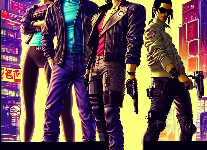 Image similar to cyberpunk yakuza enforcers. portrait by stonehouse and mœbius and will eisner and gil elvgren and pixar. character design. realistic proportions. cyberpunk 2 0 7 7 character art, blade runner 2 0 4 9 concept art. cel shading. attractive face. thick lines. the team. diverse characters. artstationhq.