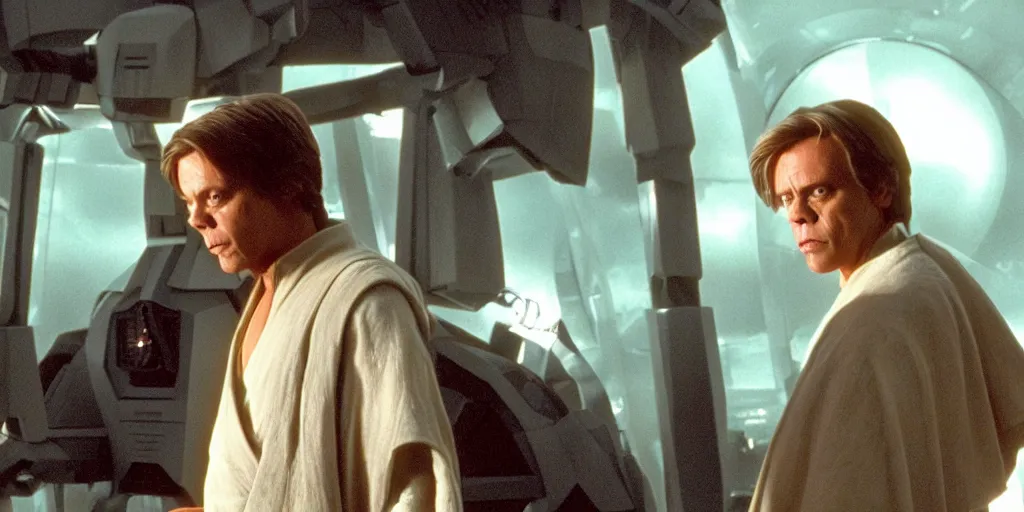 Prompt: A full color still of clean shaven Mark Hamill as Jedi Master Luke Skywalker talking with a humanoid robot, there are large windows showing a sci-fi city outside, at dusk, at golden hour, from The Phantom Menace, directed by Steven Spielberg, 1999