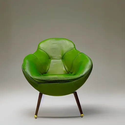 Image similar to an avacado chair, an armchair that looks like an avacado with green leather and seed yolk, award winning design, studio lighting, advanced photography, beautifully lit