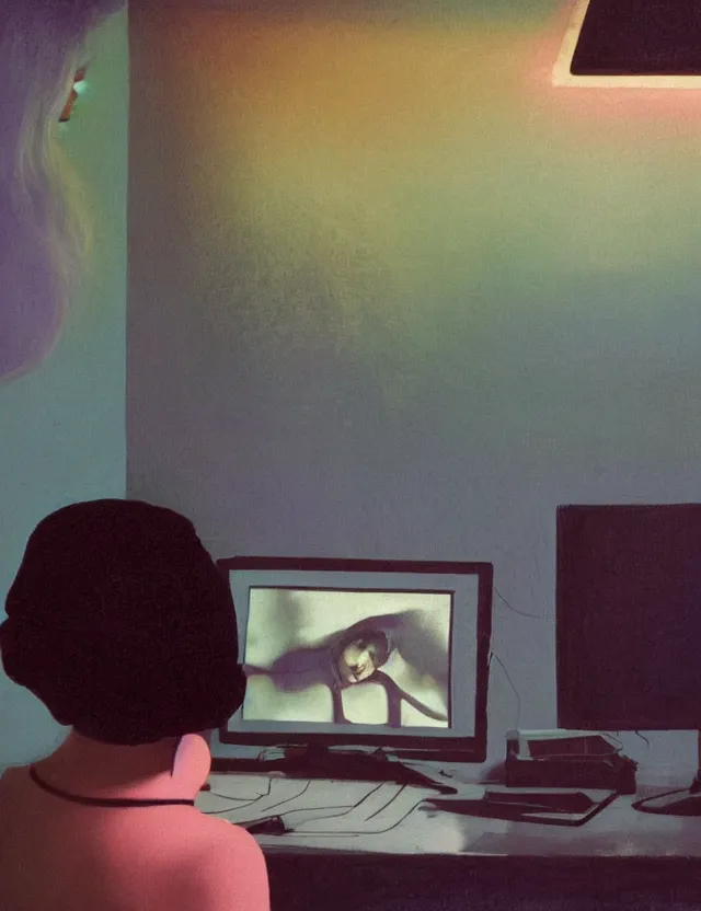 Prompt: woman playing computer games n dark room, blue rays from monitor, redshift, wide shot, coloured polaroid photograph, pastel, kodak film, hyper real, stunning moody cinematography, by maripol, fallen angels by wong kar - wai, style of suspiria and neon demon, david hockney, detailed, oil on canvas