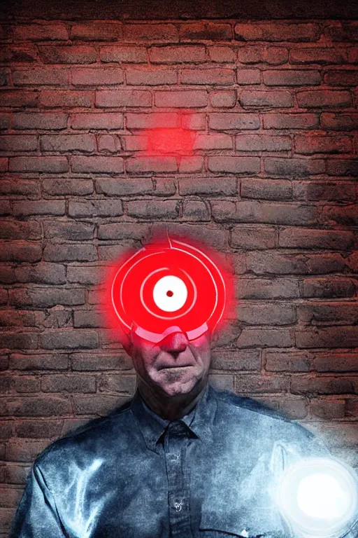 Image similar to biden with glowing red eyes breaking through a brick wall digital art illustration highly detailed lighting from below