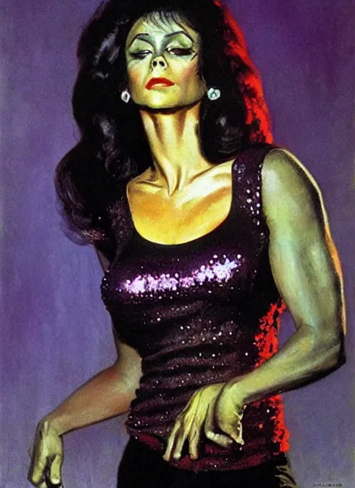 Image similar to seventies horror actress, sequin top, dark night, strong line, deep color, beautiful! coherent! by brom, by frank frazetta,