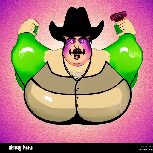 Image similar to hyperreal morbidly obese 2000kilo snake oil salesman wearing authentic purple green sip tech cowboy augmentation and curly snake moustache, fat man standing in front of blank background