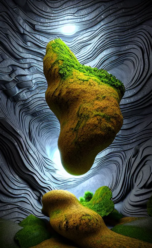 Image similar to highly detailed ultra sharp 3 d render cinematic composition of a smooth ceramic porcelain biomorphic magnolia stone nebula fluid fractal sci - fi surreal architecture landscape, granite, metallic, magnesium, marble, moss and lichen, vincent callebaut composition, mamou - mani, archviz, beautiful lighting, 8 k, unreal engine, hdr,