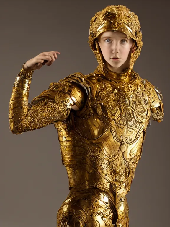 Prompt: a backlit art nouveau marble head and torso sculpture of a worried young millie bobby brown with long, flowing hair, wearing intricate gold plate armor on her chest and an elaborate golden helmet, delicate, intricate, smooth, beautiful, glowing, by charles van der stappen