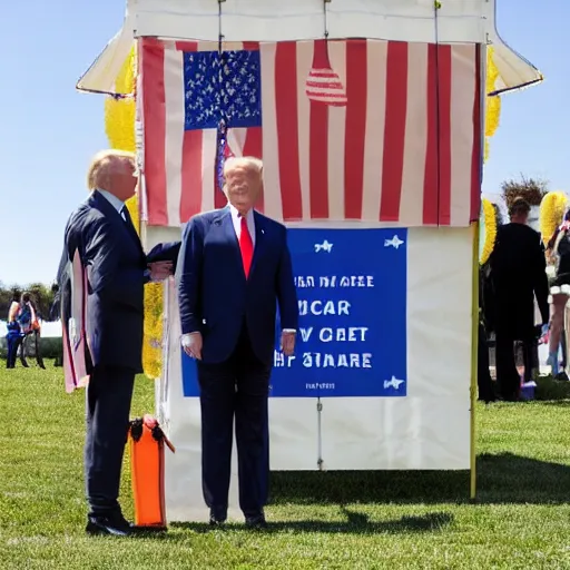Image similar to donald trump standing behind a lemonade stand, handing out free nuclear codes on the national mall.