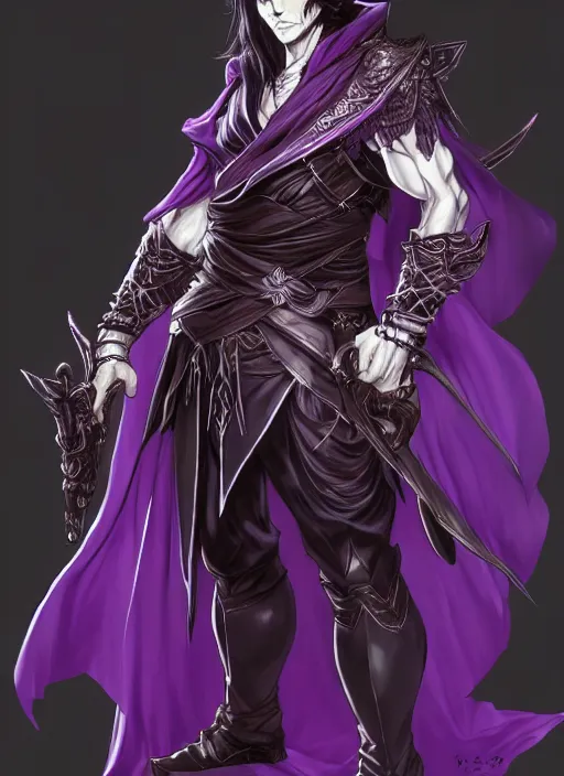 Image similar to Full body portrait of a handsome elven aristocrat with long black hair wearing purple mage robe. In style of Yoji Shinkawa and Hyung-tae Kim, trending on ArtStation, dark fantasy, great composition, concept art, highly detailed, dynamic pose.