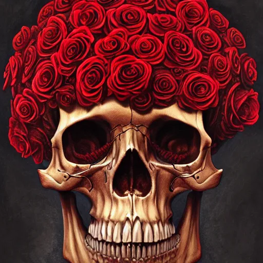 Prompt: skull made of red roses, organic horror, devil, death, giger, epic, baroque, extremely detailed and intricate, artstation, digital painting, alphonse mucha, artgerm, greg rutkowski, cgsociety - n 9