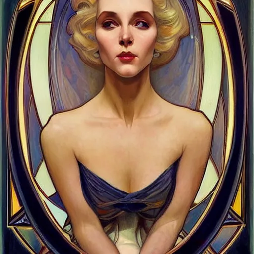 Image similar to a streamline moderne painting in the style of donato giancola, and in the style of charlie bowater, and in the style of alphonse mucha. symmetry, smooth, sharp focus, semi - realism, intricate detail.