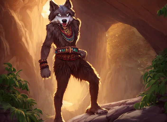 Prompt: smug smirk sardonic character portrait feature of the anthro male anthropomorphic wolf fursona animal person wearing tribal primitive caveman outfit belt standing in the entrance to the cave, well framed character design stylized by charlie bowater, ross tran, artgerm, makoto shinkai, detailed, soft lighting, rendered in octane