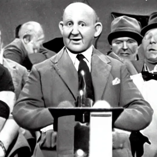 Prompt: curly from the three stooges giving a speech in front of a large crowd