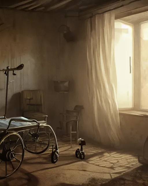 Prompt: artstation scifi scene a village old ward, one ceiling fan, wheelchair, crutches, bed, dust, paneled walls, window, summer unreal engine 5, hyper realism, realistic shading, cinematic composition, blender render, octane render, hdr, detailed textures, photorealistic, wide shot