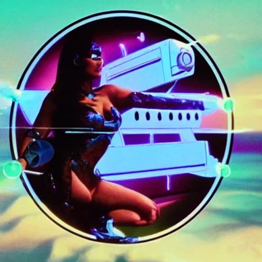 Prompt: a VHS still of a concept art with a photo of Tia Carrere as a solarpunk robotic humanoid, white mechanical parts with led lights, vaporwave artwork composition, Windows98 logo, in the movie Lifeforce (1985) 8k, intricate, pastel colors