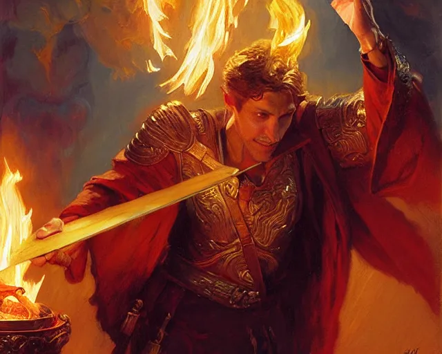 Image similar to attractive male wizard casting powerful fire spell. highly detailed painting by gaston bussiere, craig mullins, j. c. leyendecker 8 k