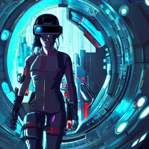 Image similar to a portrait of a female space pirate wearing vr headset and cyber military helmet, cyberpunk aesthetic, ghost in the shell style, akira, Studio Ghibli, manga art