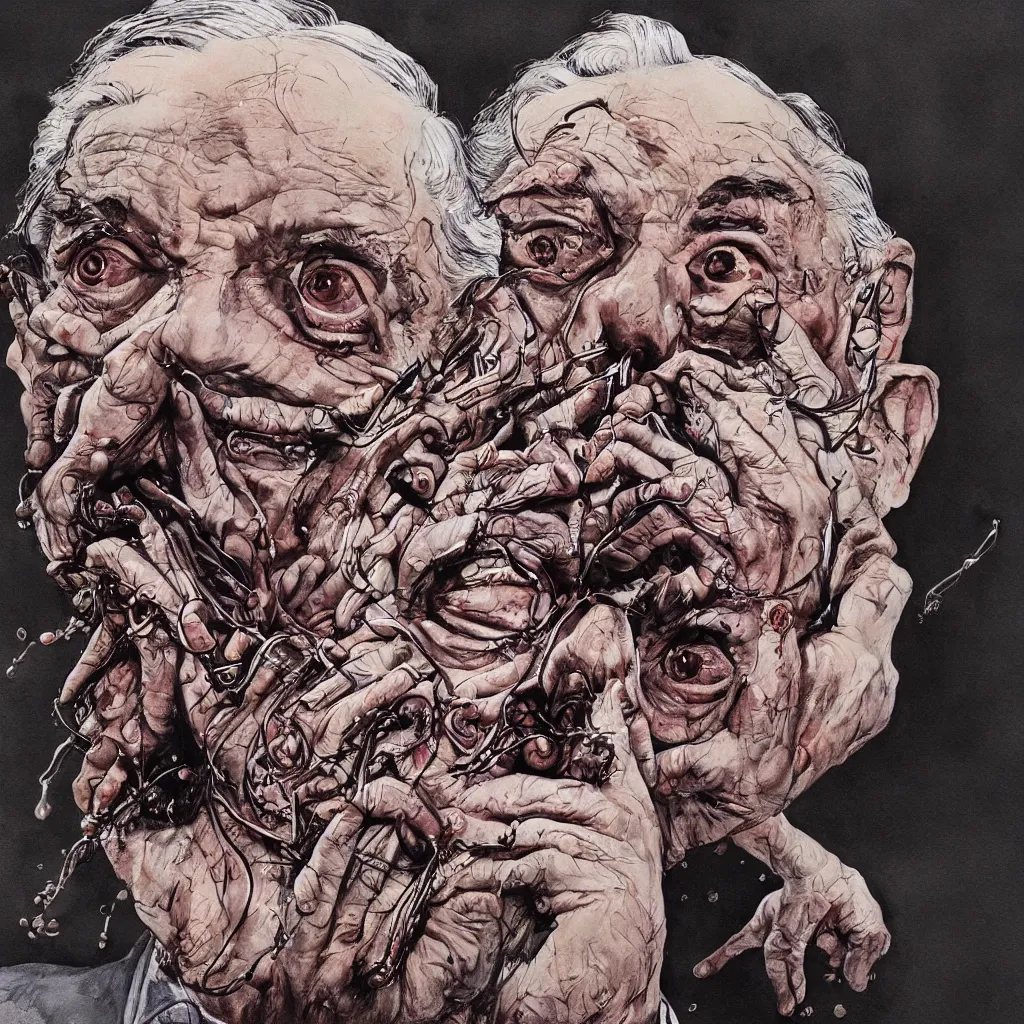 Prompt: George Soros by Ralph Steadman, illustration, body horror, biopunk, 8k , trending on artstation