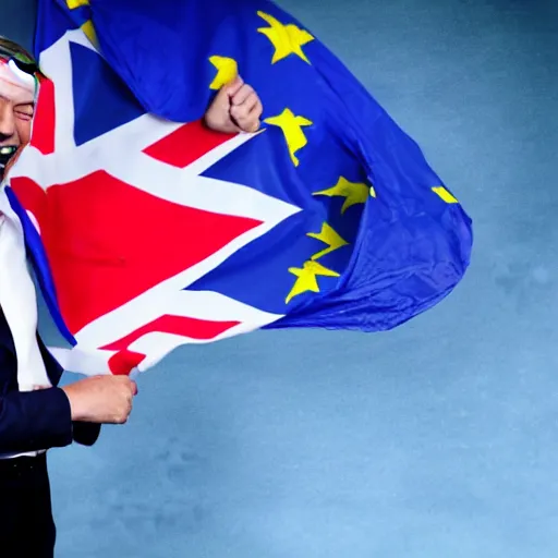 Prompt: nigel farage laughing and holding a burning eu flag, studio photograph, hd, studio