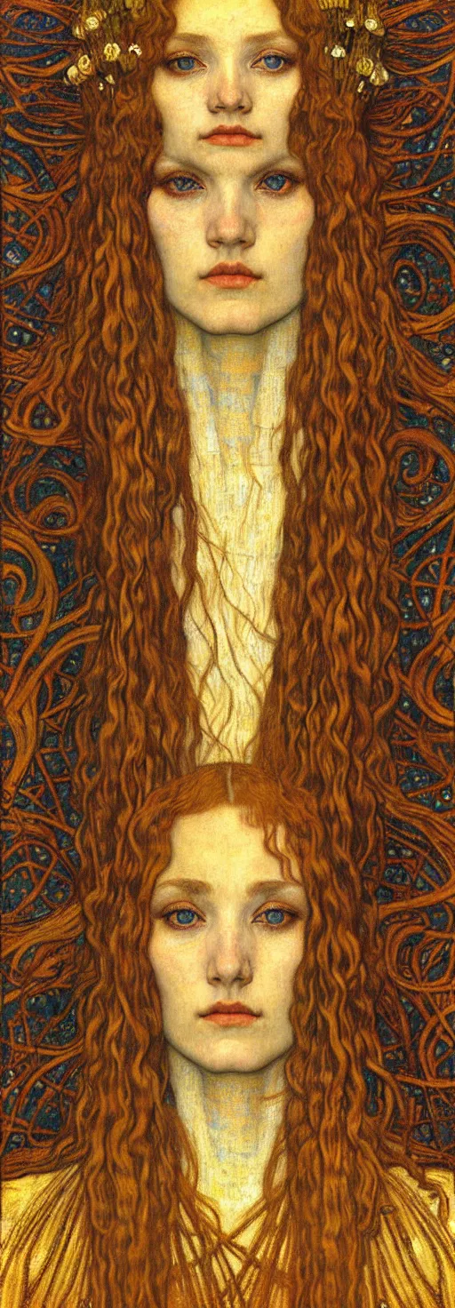 Image similar to detailed realistic beautiful young medieval queen face portrait by jean delville, gustav klimt and vincent van gogh, art nouveau, symbolist, visionary, gothic, pre - raphaelite, muted earthy colors, desaturated