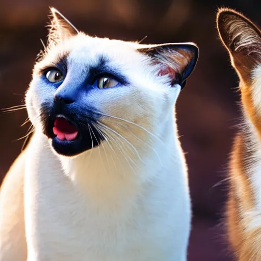 Prompt: professional photograph of a siamese cat looking at a dog