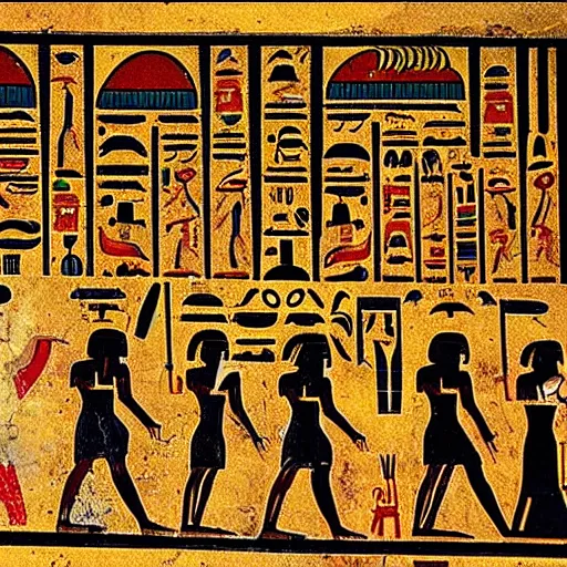 Image similar to egyptian hieroglyphs depicting a trip to mcdonalds