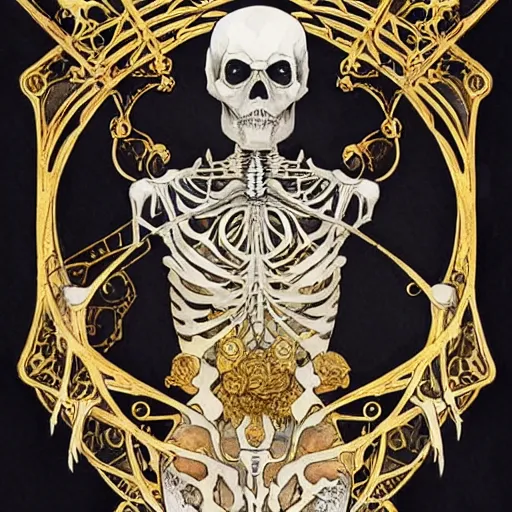 Image similar to a skeleton in a black cloak, highly detailed, very intricate, art nouveau, gold filigree, left right symmetry, tarot concept art watercolor illustration by mandy jurgens and alphonse mucha and alena aenami, featured on artstation