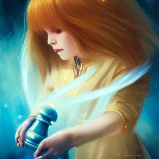 Prompt: beautiful young rimuru tempest playing chess, with amber eyes of golden colored eyes, straight hair, sky blue hair, long bangs, high collar, concept art, award winning photography, digital painting, cinematic, wlop, 8 k, by ross tran, tom bagshaw, andy warhol