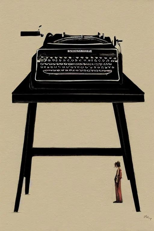 Prompt: painting of a typewriter standing on a desk, style of greg rutkowski