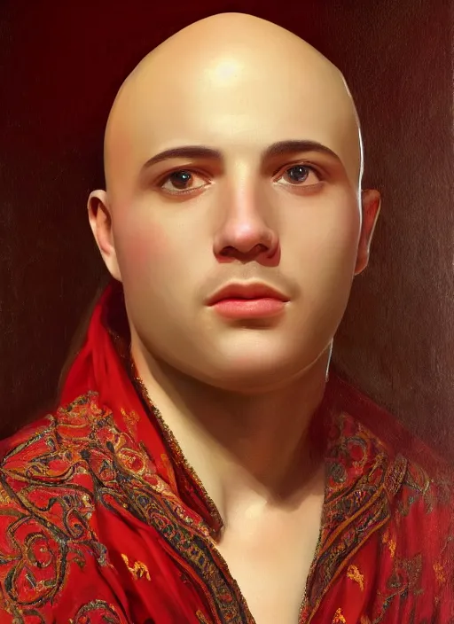 Prompt: bald young man in arabic noble dress, conleth hill face, highly detailed oil painting, masterpiece protrait, top lighting, realistic shaded, 8 k realistic, hyper detailed, digital painting