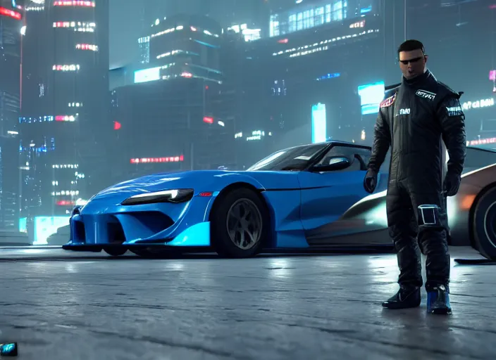 Image similar to cyberpunk F1 Driver crossed arms black white race suit blue emissive standing next to 2034 sports car RX7 S15 MK5 Supra GTR Bladerunner 2049 still screengrab beautiful cinematography wallpaper render Volumetric Lighting UE4 RTX Jim Burns Flickr 50mm lens, f1.8