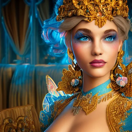 Prompt: portrait of princess, beautiful, attractive, glowing, ornate and intricate, jaw dropping, dynamic lighting, colorful, fairy tale, intricate and detailed, 4 k octane render, blue eyes
