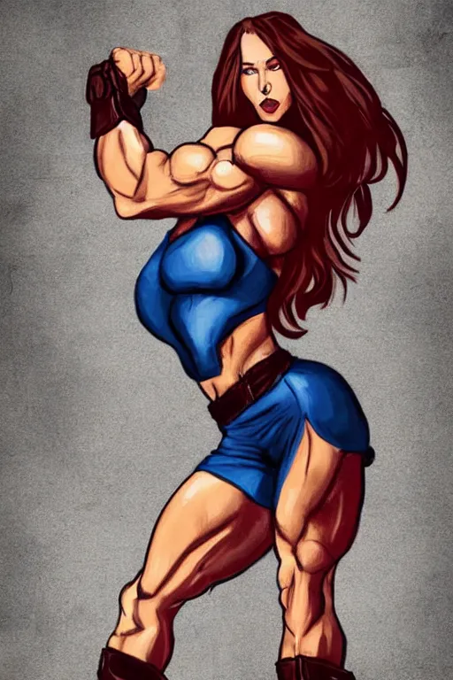 Image similar to a hyper muscular woman, bronze - skinned, blue - eyes, wearing a black cropped tank top, military pants, brown boots, wavy big red hair, 8 0's hairstyle, red lips, action pose, art by osmar - shotgun, trending on art station, illustration, action scene, full body