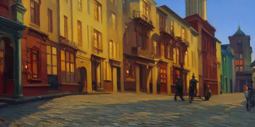 Prompt: a beautiful oil painting of a steampunk city cobblestone streets, painted by Edward Hopper, colorful, 4k,Trending on artstation