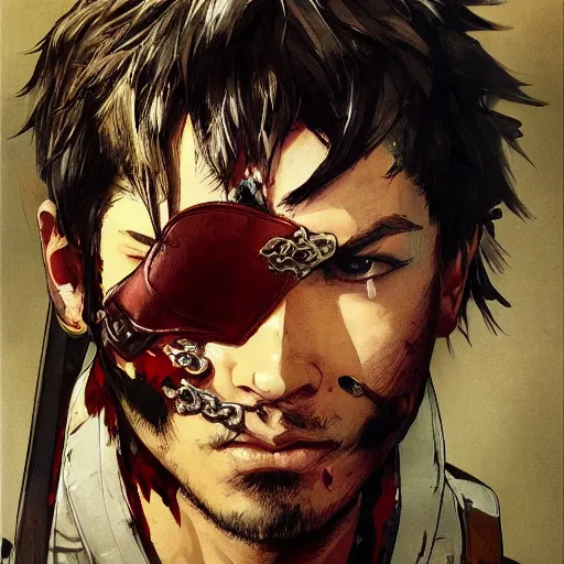 Image similar to portrait of a young white hero using his right arm to hold his sword covering his eye by yoji shinkawa, high quality, extra details, realism, ornate, colored, golden chain, blood, white skin, short hair, brown eyes, vivid, sunlight, headband, eyepatch, white american soldier, painting, cybernetics, military