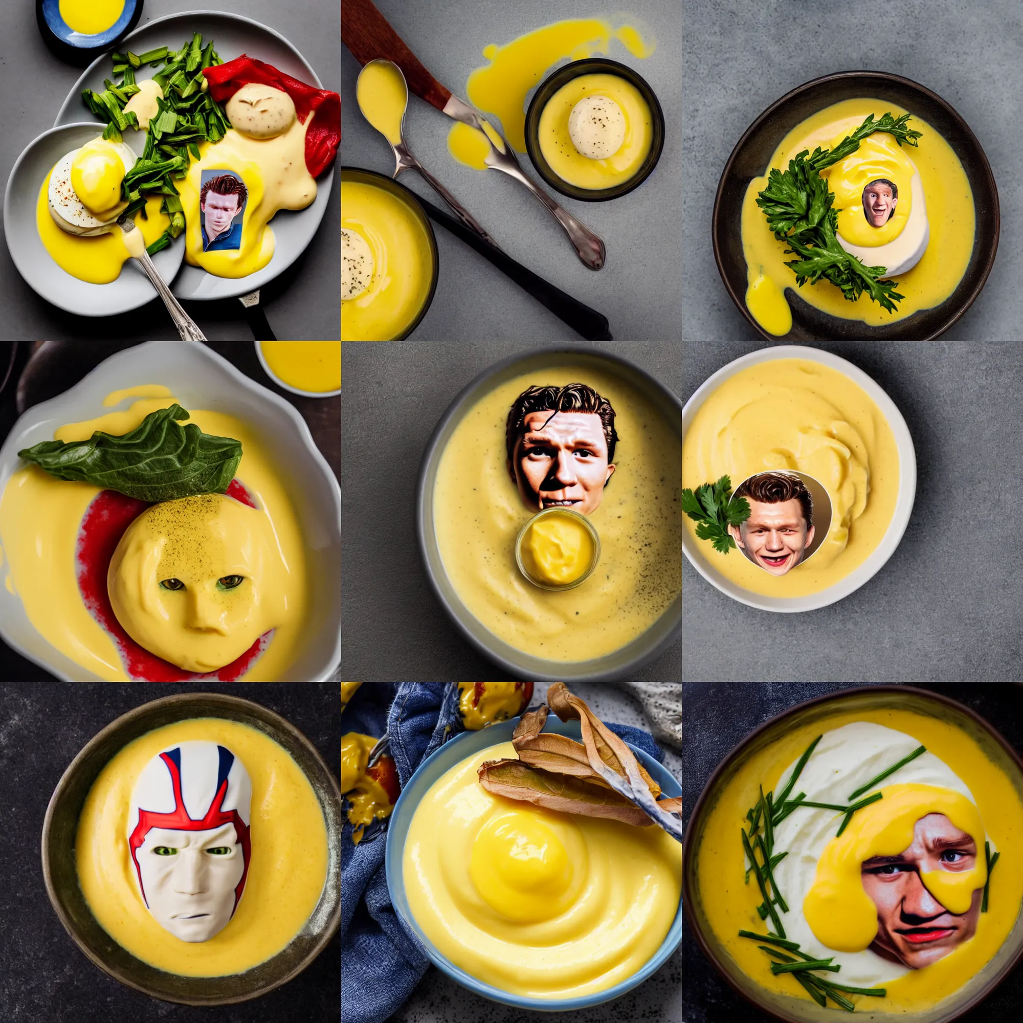 Prompt: a bowl of hollandaise sauce with the face of tom holland in it, tom holland's face, macro shot, high detail