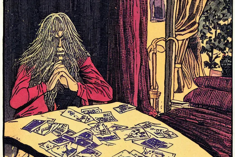 Image similar to a man with long hair reading tarot cards, by moebius