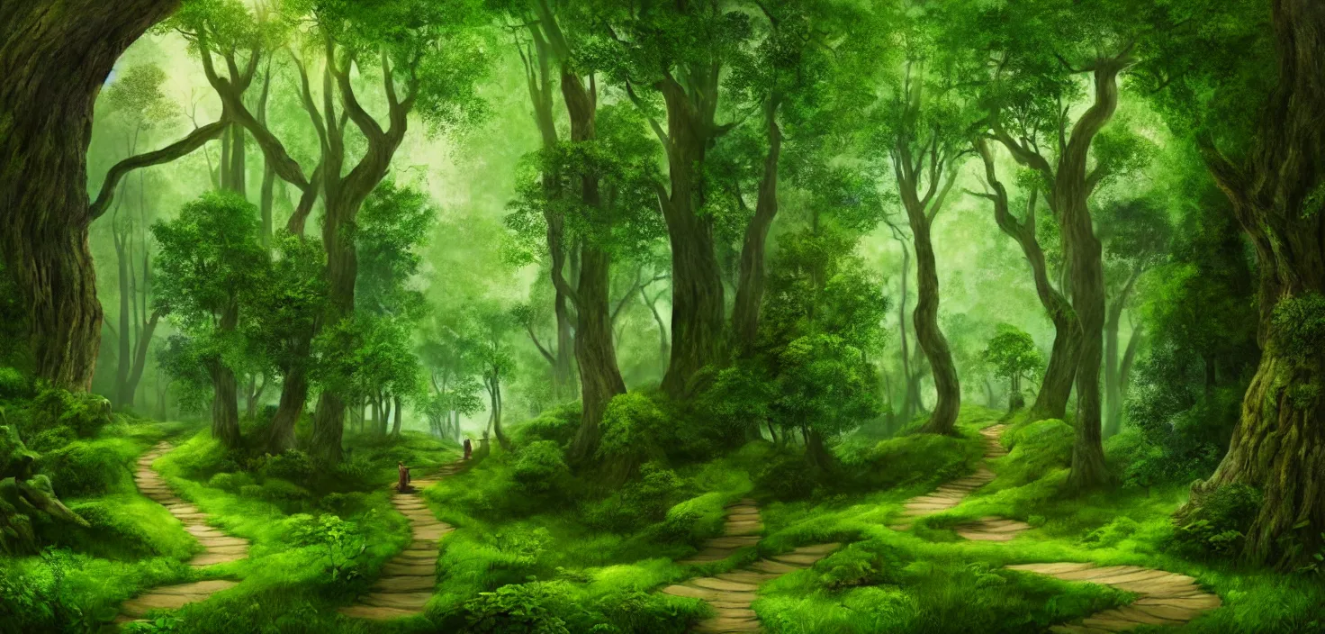 Image similar to a wooden path in the middle of a lush green forest, a detailed matte painting by john eyre, shutterstock contest winner, magical realism, enchanting, matte painting, mystical