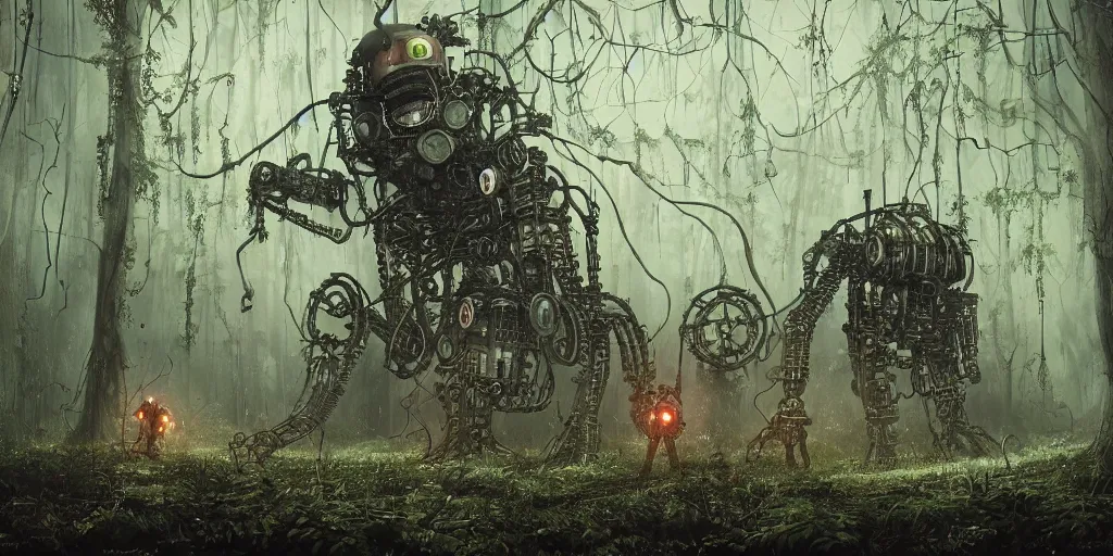 Prompt: mechanical steampunk robot with large head and two ((glowing)) eyes in haunted swamp surrounded by dense forest with vines hanging from trees, scattered fireflies, desaturated, creepy ambiance, fog, sharp focus, hughly detailed, eerily beautiful, cgsociety, artgerm