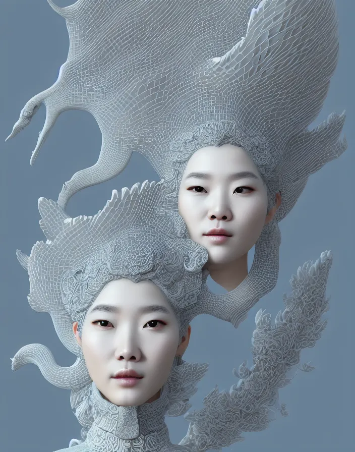 Image similar to 3 d goddess medium shot profile portrait. beautiful intricate highly detailed korean gumiho mask and traditional korean hanbok. stingray, magpie, stingray, magpie, bioluminescent, plasma, lava, ice, water, wind, creature, fog, artwork by tooth wu and wlop and beeple and greg rutkowski, 8 k trending on artstation,