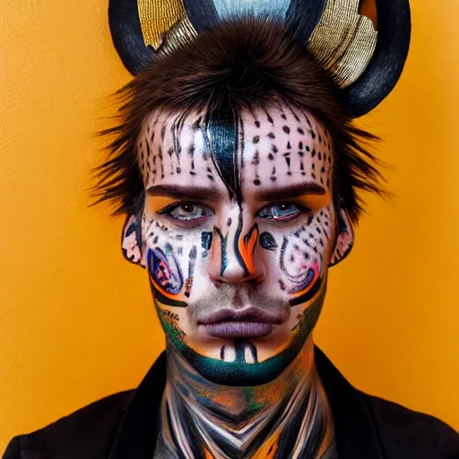 Image similar to an award finning closeup facial portrait by akseli kallen gallela luis rogyo and john howe of a bohemian easygoing and handsome male cyberpunk traveller clothed in excessivelyg fashionable 8 0 s haute couture fashion and wearing ornate body paint