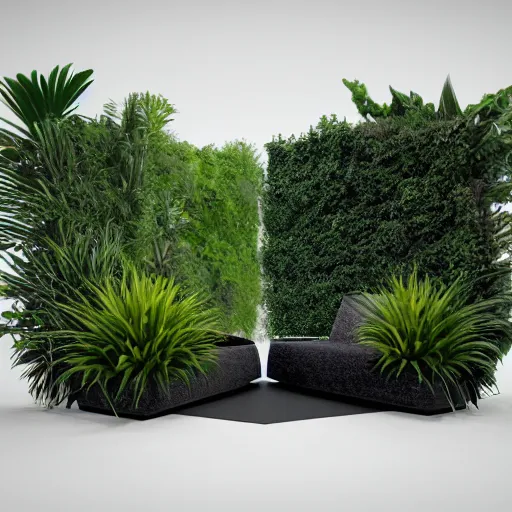 Image similar to black background two seats facing each other made of plants, hyperrealistic, concept art, octane render, unreal engine 5, trending on artstation, high quality, highly detailed, 8 k hdr, no lighting, path traced, black background, bloom, high coherence, symmetrical, high contrast, digital art, serene landscape, cinematic