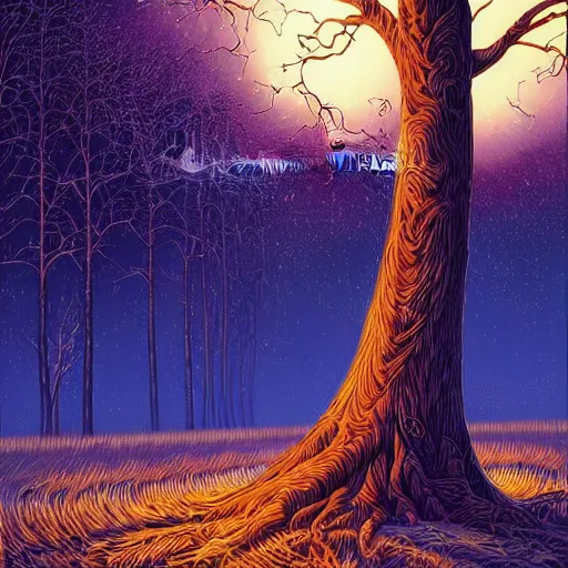 Image similar to This painting has such a feeling of peace and serenity. The tree is so still and calm, despite the wind blowing around it. The moonlight casts a soft glow over everything and the starts seem to be winking at you... by Dan Mumford