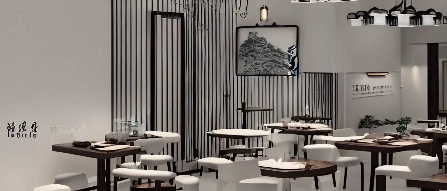 Image similar to a beautiful simple interior 4 k hd wallpaper illustration of small roasted string hotpot restaurant restaurant pagoda hill, wall corner, from china, wallpaper with tower mountains and white tile floor, rectangle white porcelain table, black chair, fine simple delicate structure, chinese style, simple style structure decoration design, victo ngai, 4 k hd