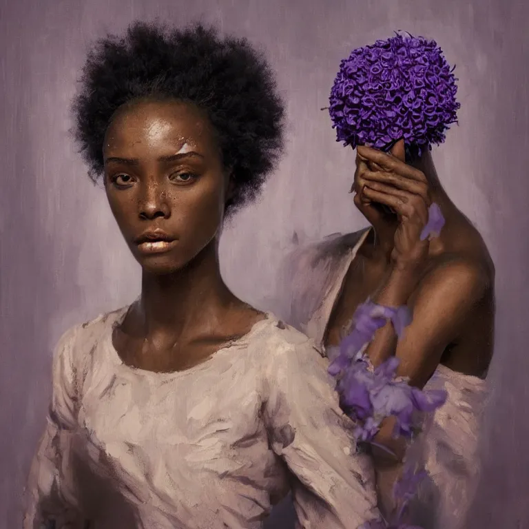 Prompt: portrait of an unstable lavender, rose flower - head black woman by picasso and greg rutkowski, hyper detailed painting, distance, centered, hd, hq, high resolution, high detail, 4 k, 8 k
