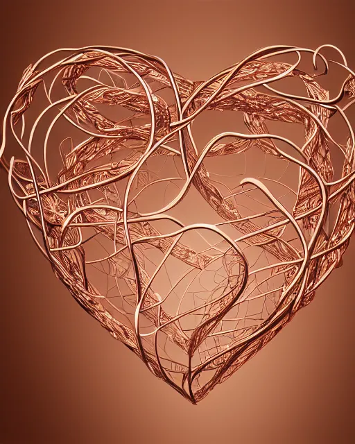 Prompt: rose gold heart, wrapped in vines, vray, machine face, intricate, elegant, highly detailed, digital painting, artstation, cgsociety, concept art, bokeh, macro, smooth, sharp focus, illustration, yoshitaka amano, art by camille corot and kim tschang yeul, 8 k