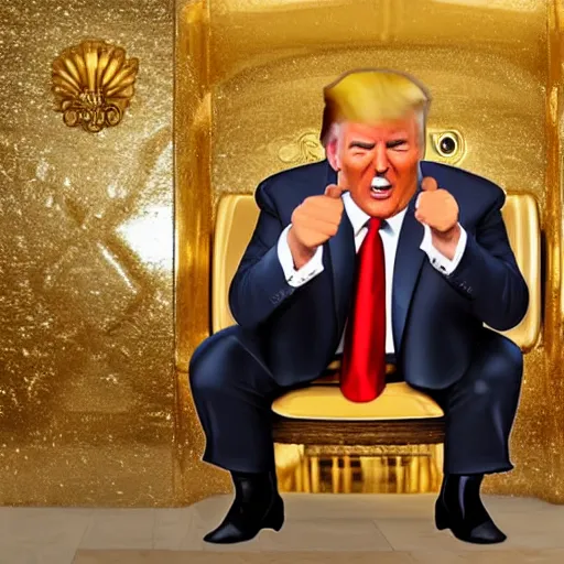 Image similar to donald trump sitting on a gold toilet looking upset, photorealistic