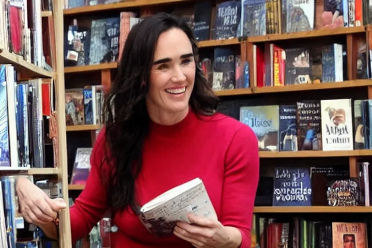 Prompt: jennifer connelly smiling and reading a book in a bookshop